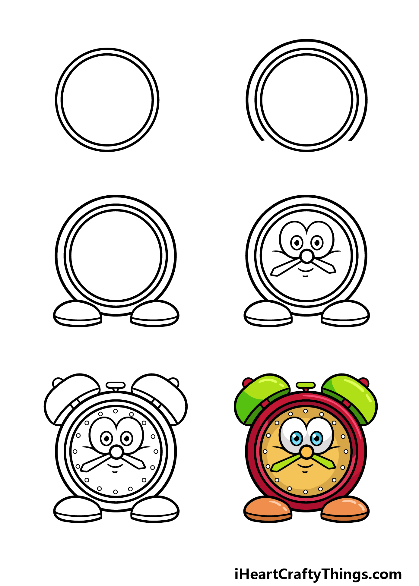 how to draw a cartoon clock in 6 steps