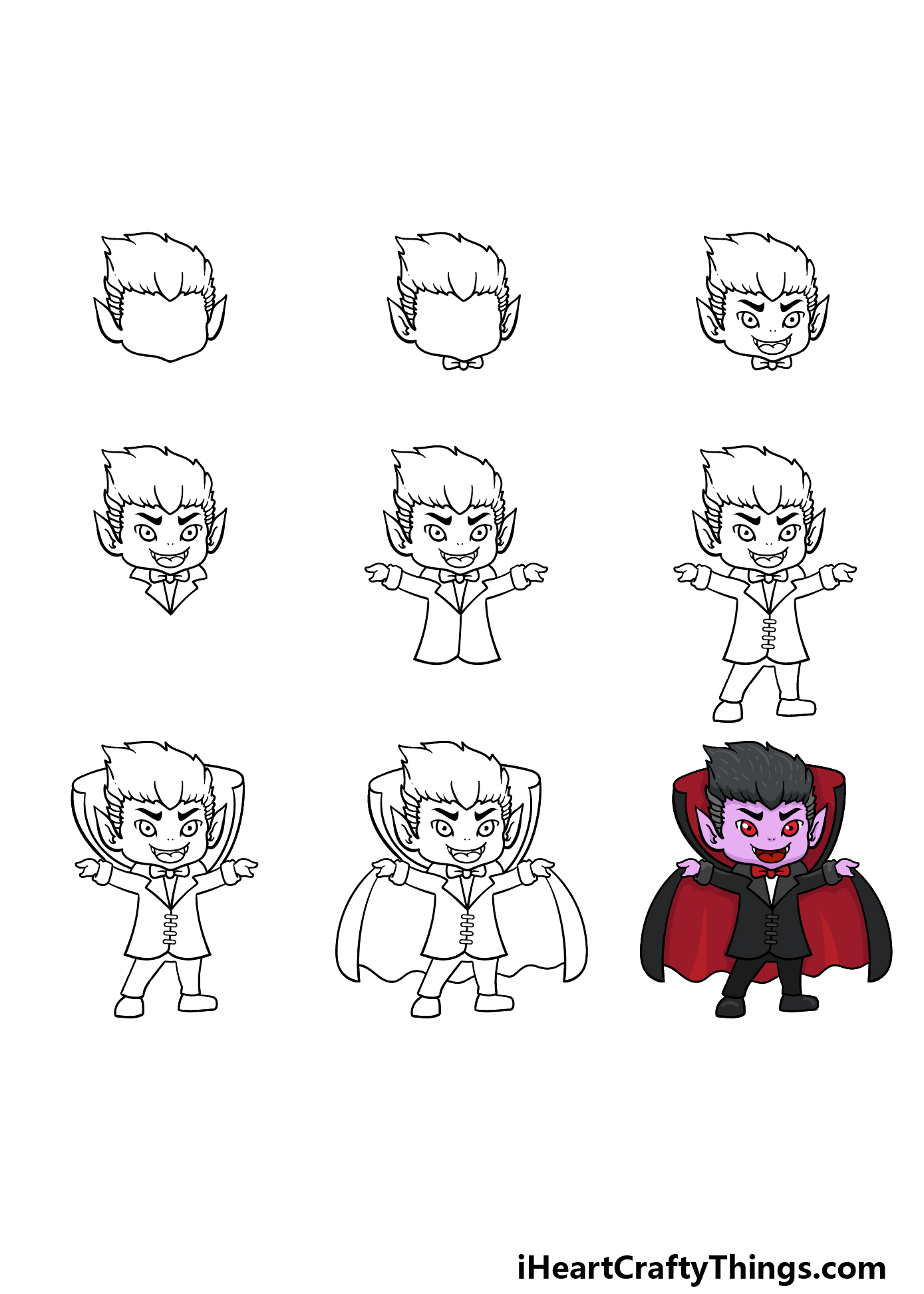 how to draw a cartoon Dracula in 9 steps