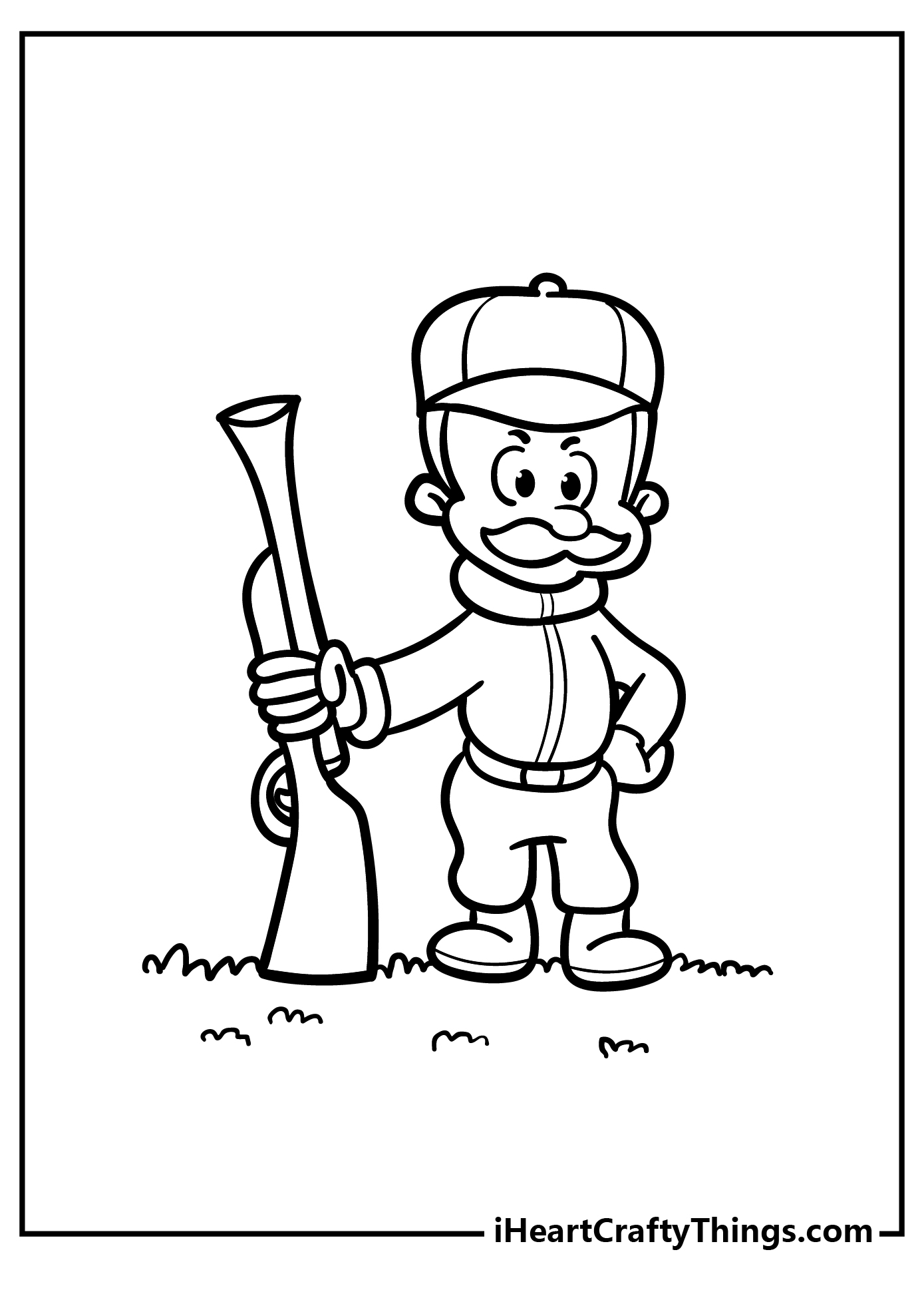 Printable picture featuring cartoony style hunter dressed in old-fashioned hunting gear posing with vintage rifle