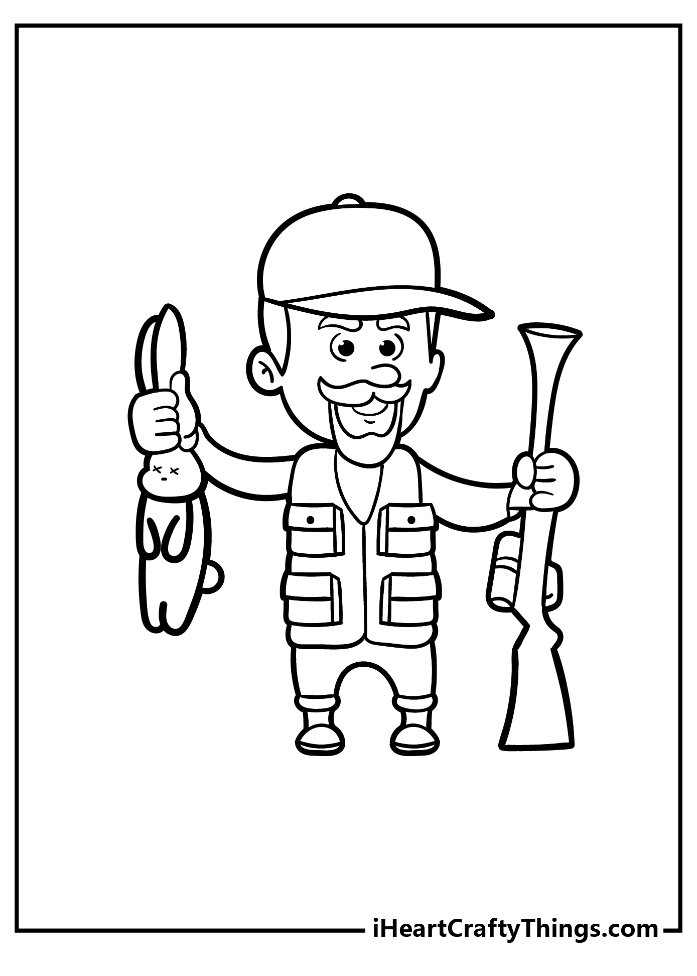 Coloring page for kids featuring happy hunter holding his rifle and successfully hunted rabbit