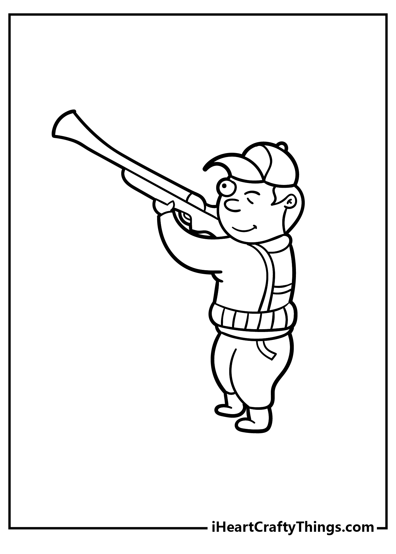 Coloring page for children of a cartoony hunter going for the shot with blank background