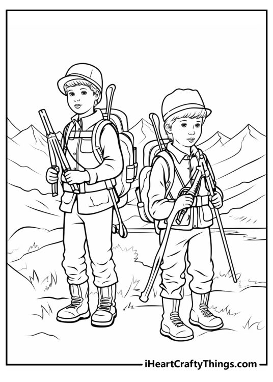 Printable picture of two young hunters standing side by side with walking sticks and backpacks surrounded by mountains
