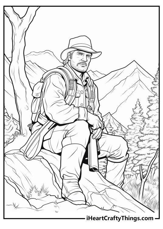 Detailed coloring sheet for adults of an equipped hunter sitting perched on a rocky outcropping with a rifle by his side