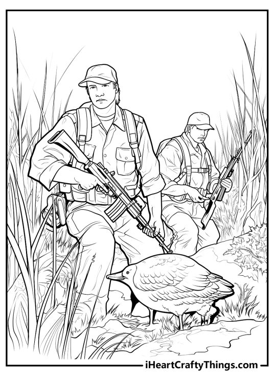 Detailed printable image of two hunters treading quietly through the field on the lookout for their target