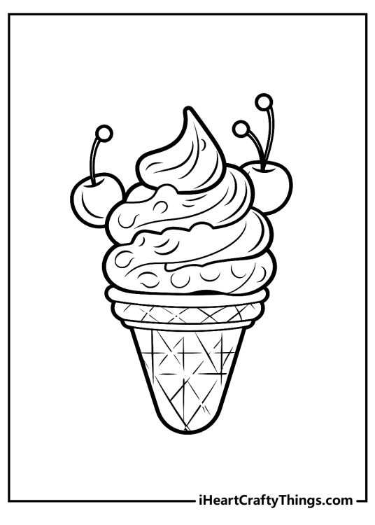 Detailed coloring sheet featuring a tall, swirl soft serve ice cream cone with two plump cherries on top