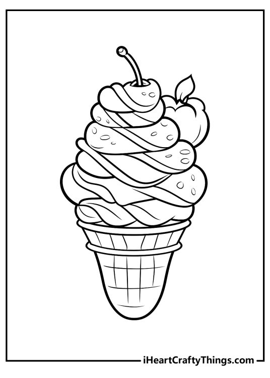 Soft serve ice cream cone with an apple wedge beside and cherry on top free printable to color