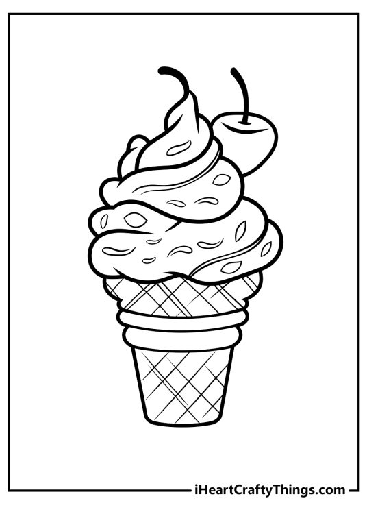 Coloring page for kids featuring a yummy soft serve swirl in a cone with sprinkles and a cherry on top