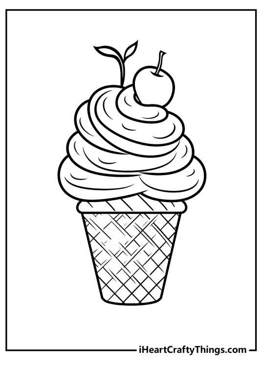 Free coloring sheet to print featuring a cupcake with a large swirl of frosting on top with a cherry and a leaf on top