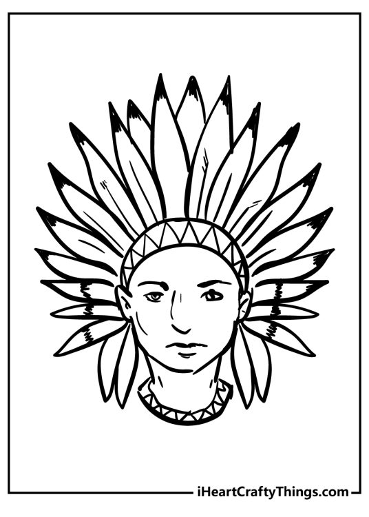 Coloring portrayal of a Native American man wearing amazing traditional headdress