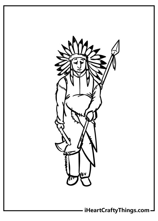 Coloring page presenting Native American warrior holding an axe along with a spear
