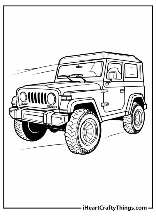 Highly detailed coloring image of a 4-door Jeep Wrangler with large knobby tires and lifted suspension