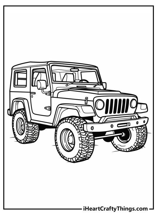 Detailed printable image of an iconic off-road Jeep Wrangler with signature chunky tires