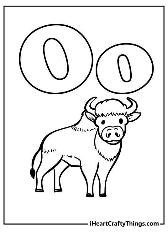 Free printable pdf to color featuring an uppercase and lowercase letter O and a mighty ox underneath