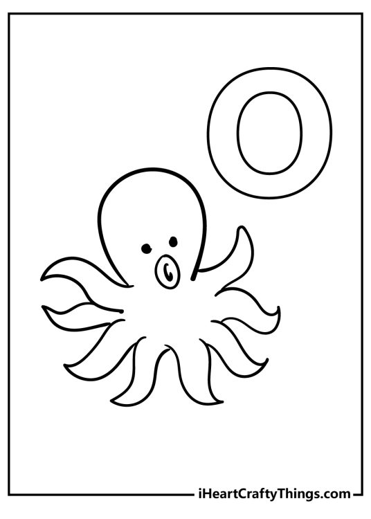 Simple black-and-white drawing for kids of a cartoon octopus and a letter O above it