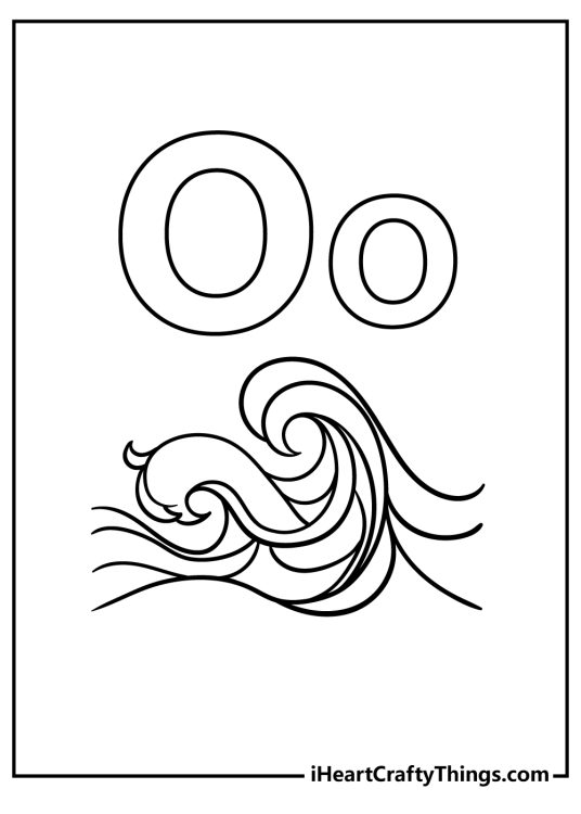 Free printable coloring sheet of an uppercase and lowercase letter O with waves of the ocean below