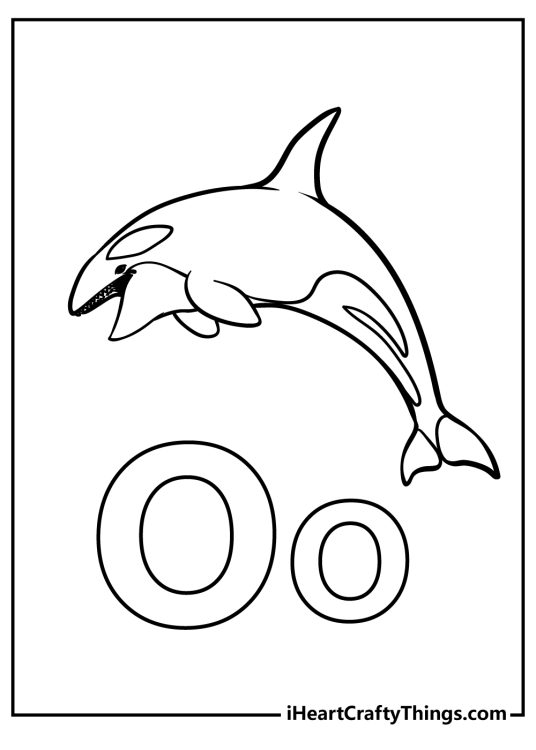 Printable pdf to color of a majestic orca with an uppercase and lowercase letter O underneath