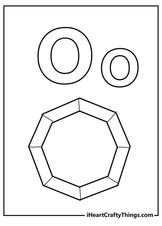 Coloring pdf featuring octagon shape with an uppercase and lowercase letter O at the top of the page
