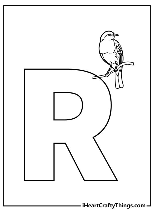 Coloring book page featuring cute robin perched on a branch attached to the letter R