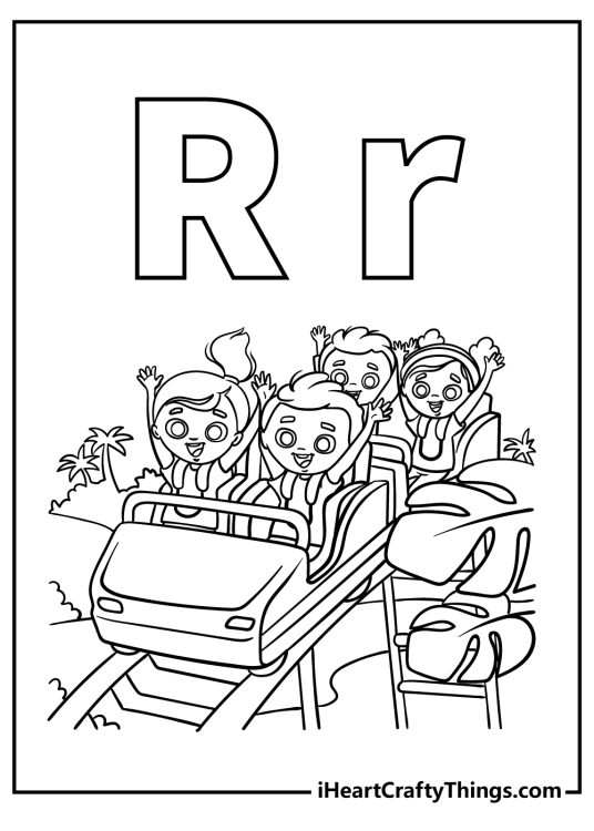 Coloring image depicting uppercase letter R and kids having fun on a roller coaster