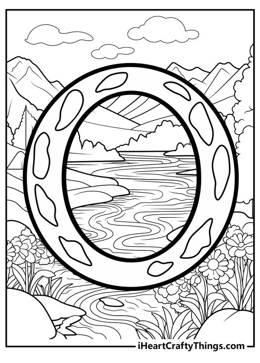 Coloring sheet of a large letter O and outdoor scene with lake, plants and mountains in the background