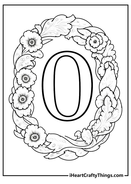 Detailed coloring picture of an oval wreath made of flowers and leaves with a round letter O in the middle