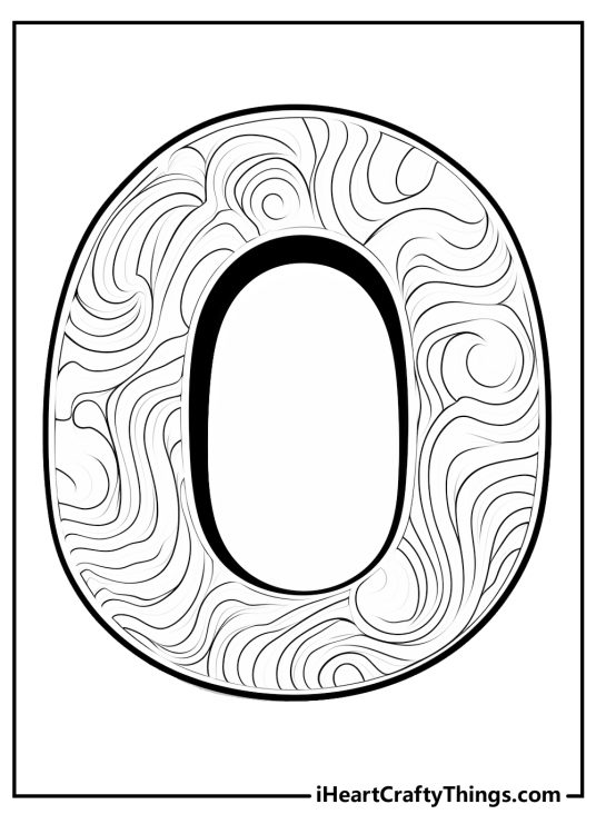 Black-and-white drawing to color featuring letter O decorated with looping and swirling patterns