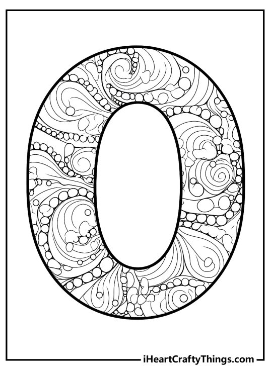 Bold letter O decorated with dots, swirls and flowing lines printable coloring page