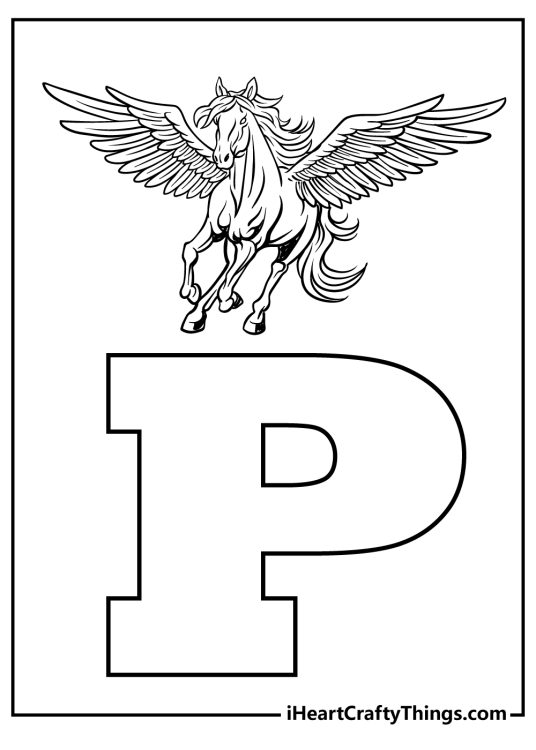 Printable picture of a mythical winged horse Pegasus and a big letter P under it
