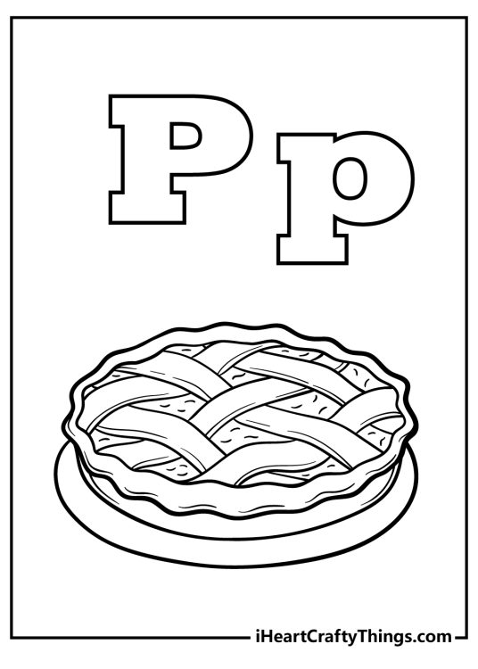 Printable pdf featuring an uppercase and lowercase letters P with a tasty pie beneath