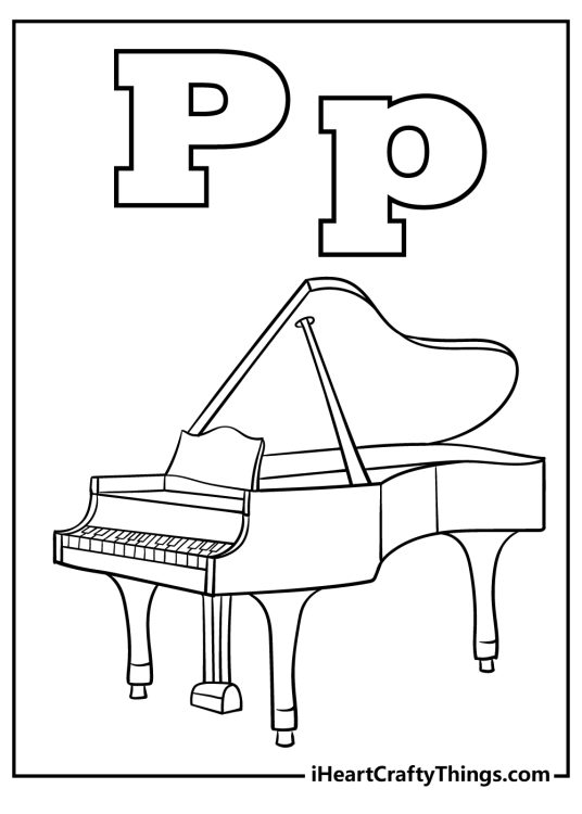 Detailed coloring poster for kids featuring letters P at the top of the page and a piano at the bottom