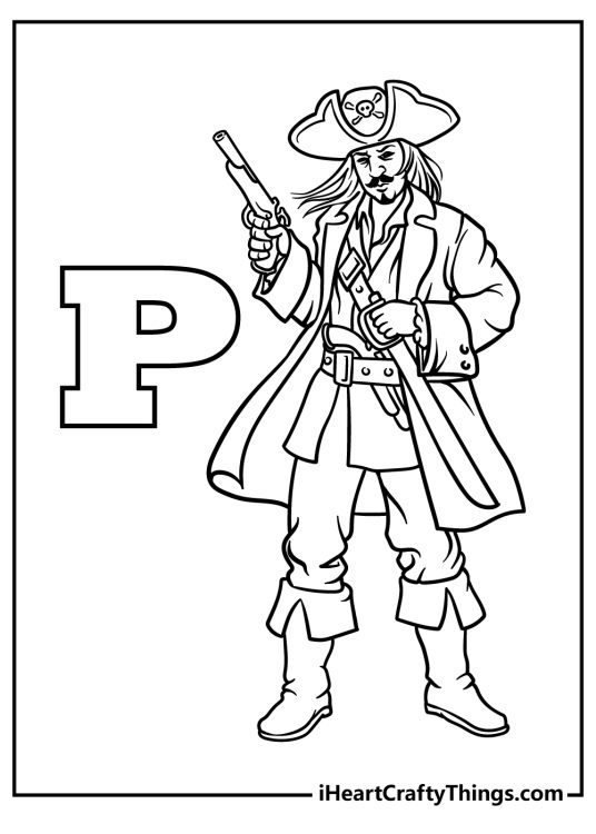 Detailed coloring picture for children featuring pirate with a letter P on the side