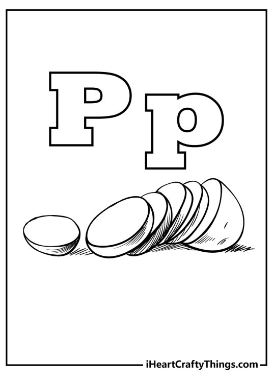 Coloring sheet of an uppercase and lowercase letters P and a potate chopped up into slices