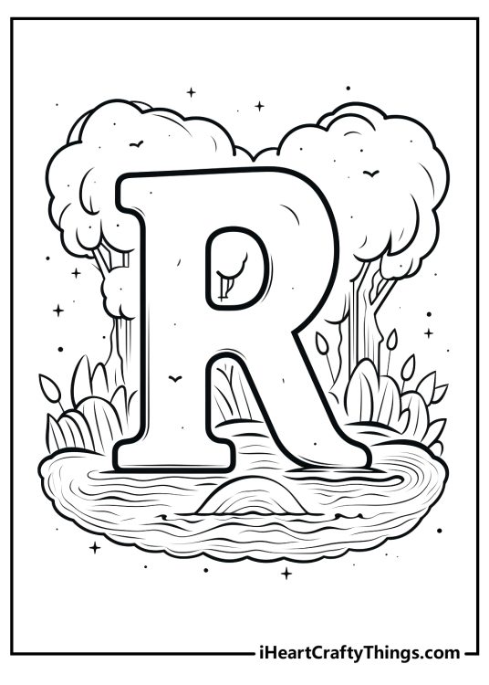 Detailed coloring image featuring letter R and winding river flowing by and trees behind it