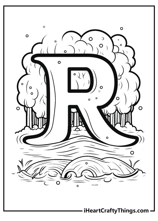 Detailed coloring drawing featuring big curvy letter R resting on a flowing river