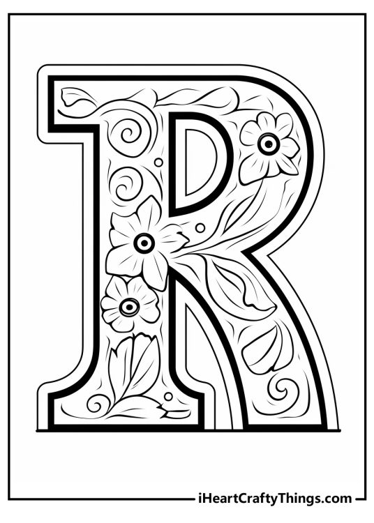 Free coloring picture for children featuring letter R with beautiful floral pattern
