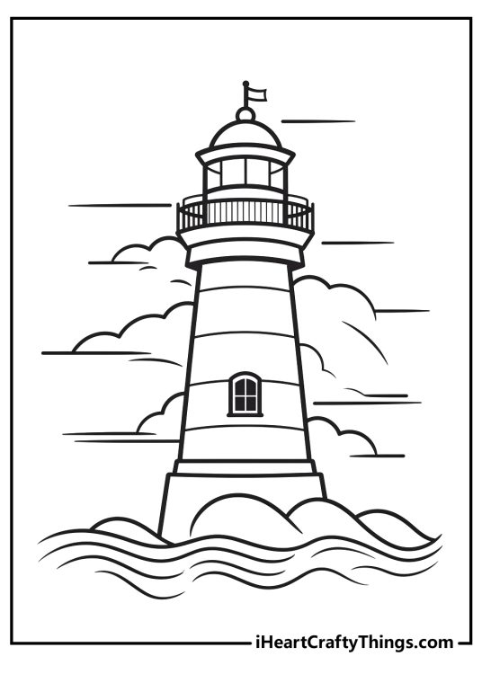 Detailed coloring page featuring tall lighthouse on the rocks surrounded by stormy water