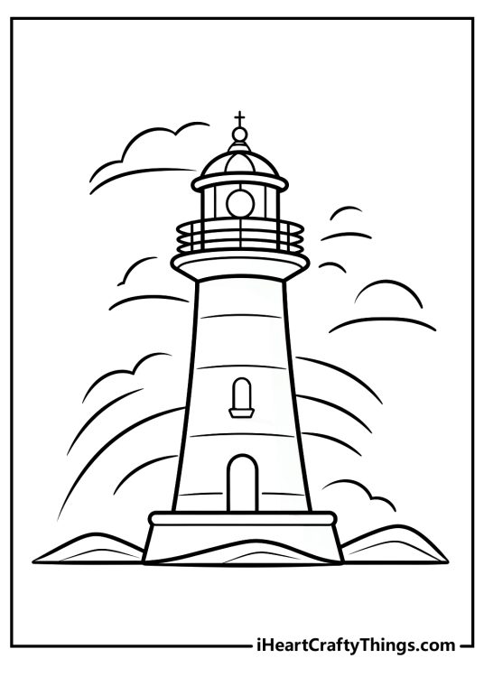 Coloring page of a traditional lighthouse with an observation deck and some land at the base