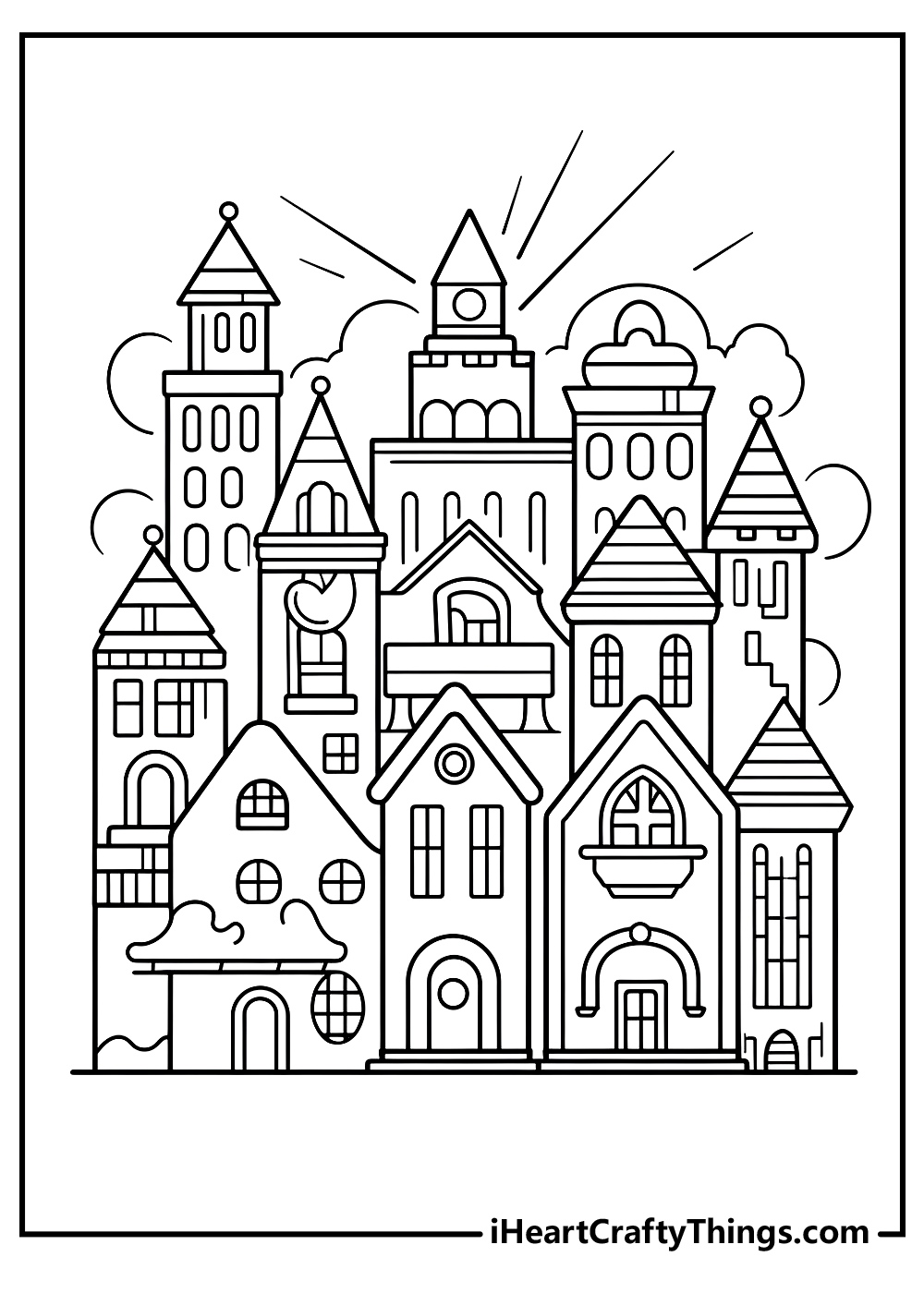 Coloring page for kids featuring whimsical metropolis full of cheerful cottages reminding fairy tale kingdom