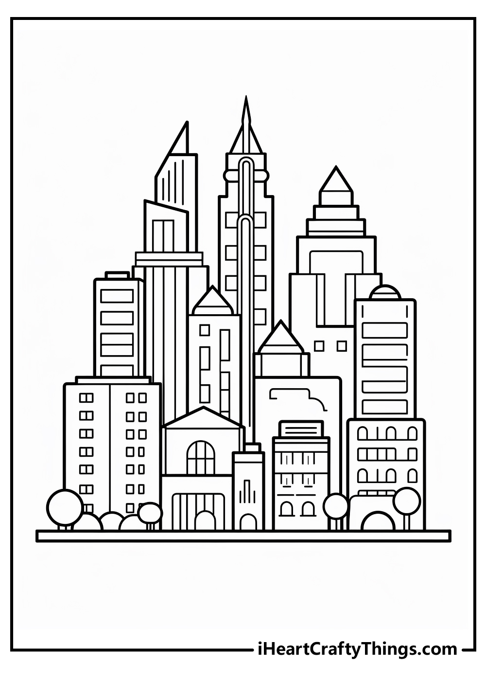 Metropolis coloring page for adult featuring a city full of super tall skyscrapers with pointy roofs