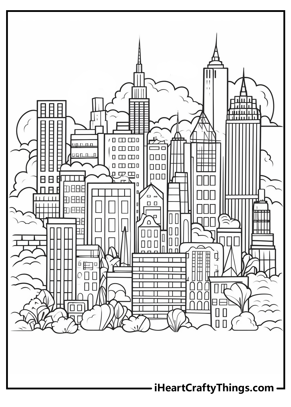 Metropolis-themed page featuring sleek skyscrapers, brick row houses and glassy office buildings surrounded by clouds