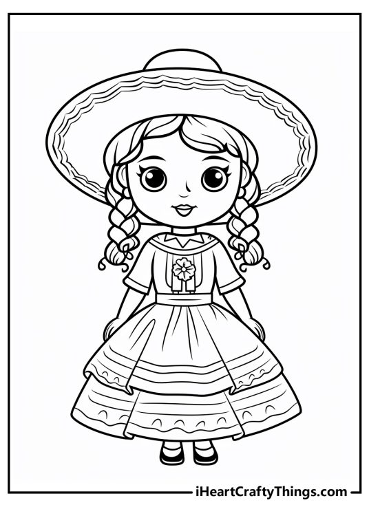 Detailed Mexican coloring illustration presenting a girl wearing traditional clothing and a sombrero