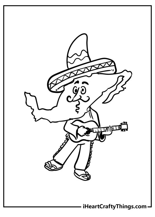 Mexican coloring page presenting a guitar player that has the shape of Mexico for his head