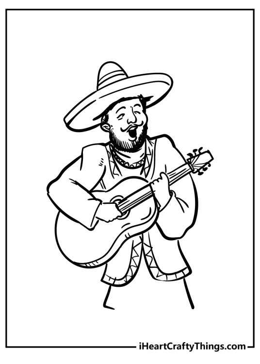Mexican-themed illustration featuring a man dressed in traditional Mexican attire as he plays his guitar