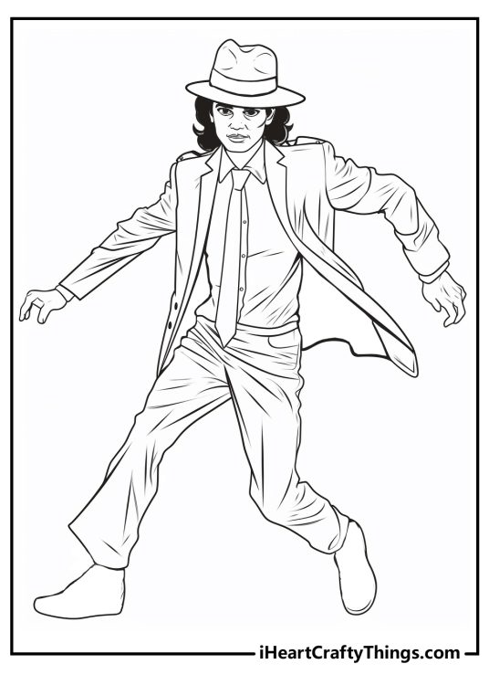 Detailed black-and-white printable image depicting dancing King of Pop Michael Jackson