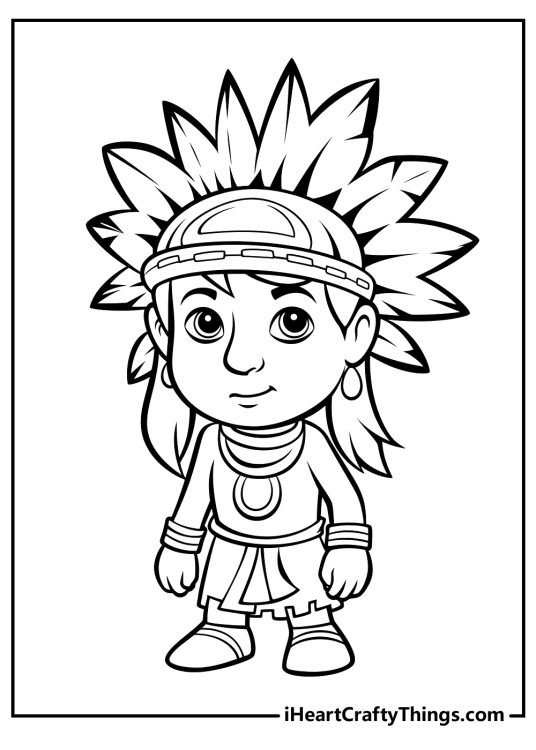 Detailed Native American coloring sheet depicting a girl dressed in traditional clothing