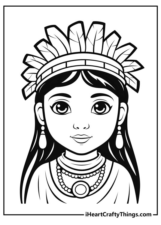 Coloring picture featuring highly detailed portrayal of a young Native American woman