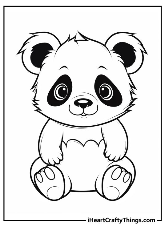 Printable pdf featuring fluffy panda sitting with its legs spread out and arms resting on its knees