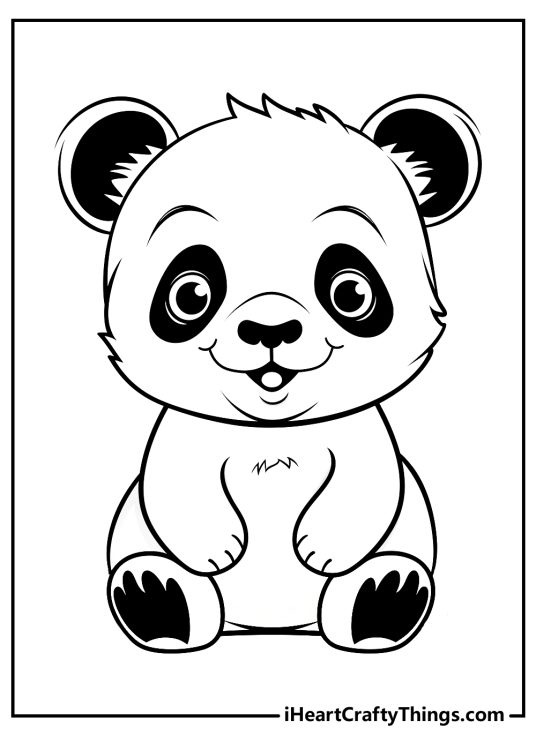 Coloring page of a panda with large and round eyes sitting down with its legs and arms in front of it