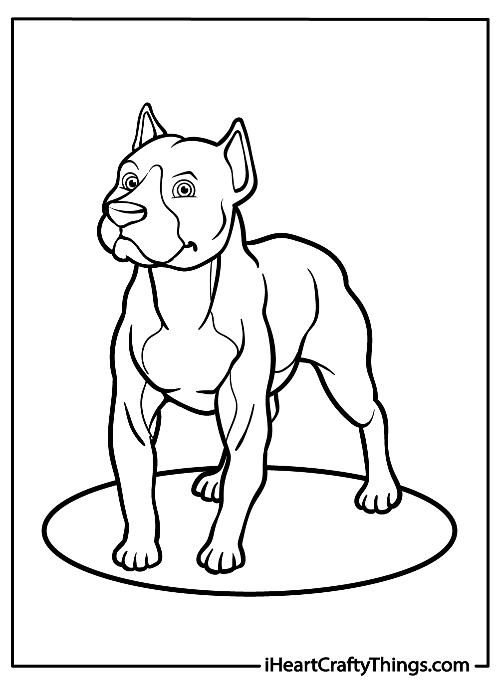 Black-and-white drawing of a pitbull with strong and sturdy body standing on a circular platform