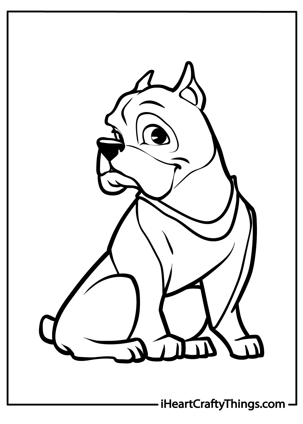 Free pdf to color featuring sitting pitbull with a black heart-shaped nose, pointy ears and grumpy face